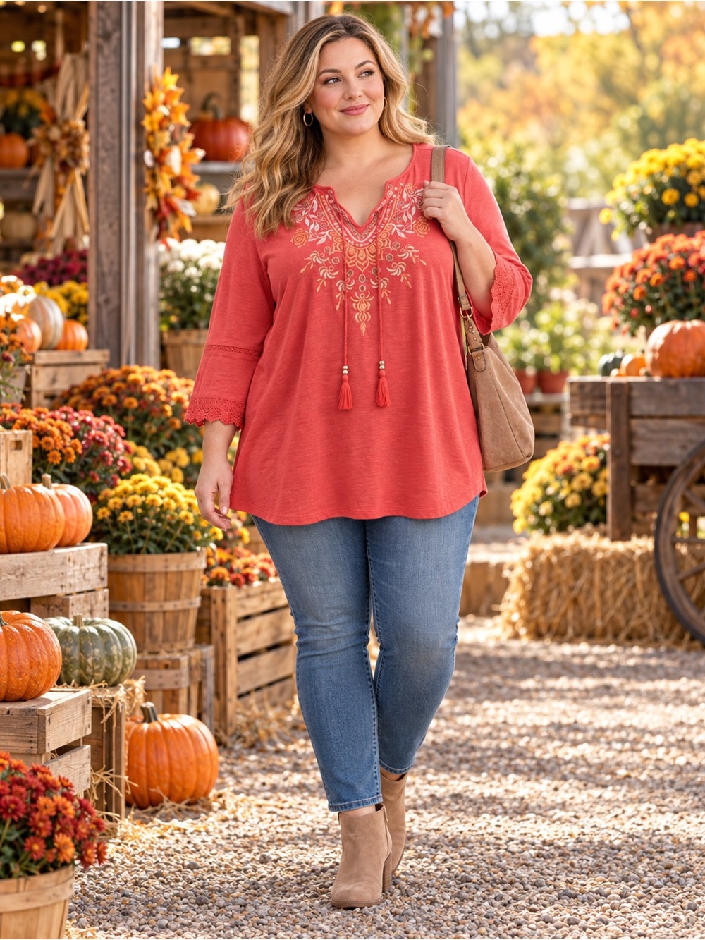 NWT Allison Daley Coral Embroidered Boho V-Neck Tunic Top Tie Front 2x